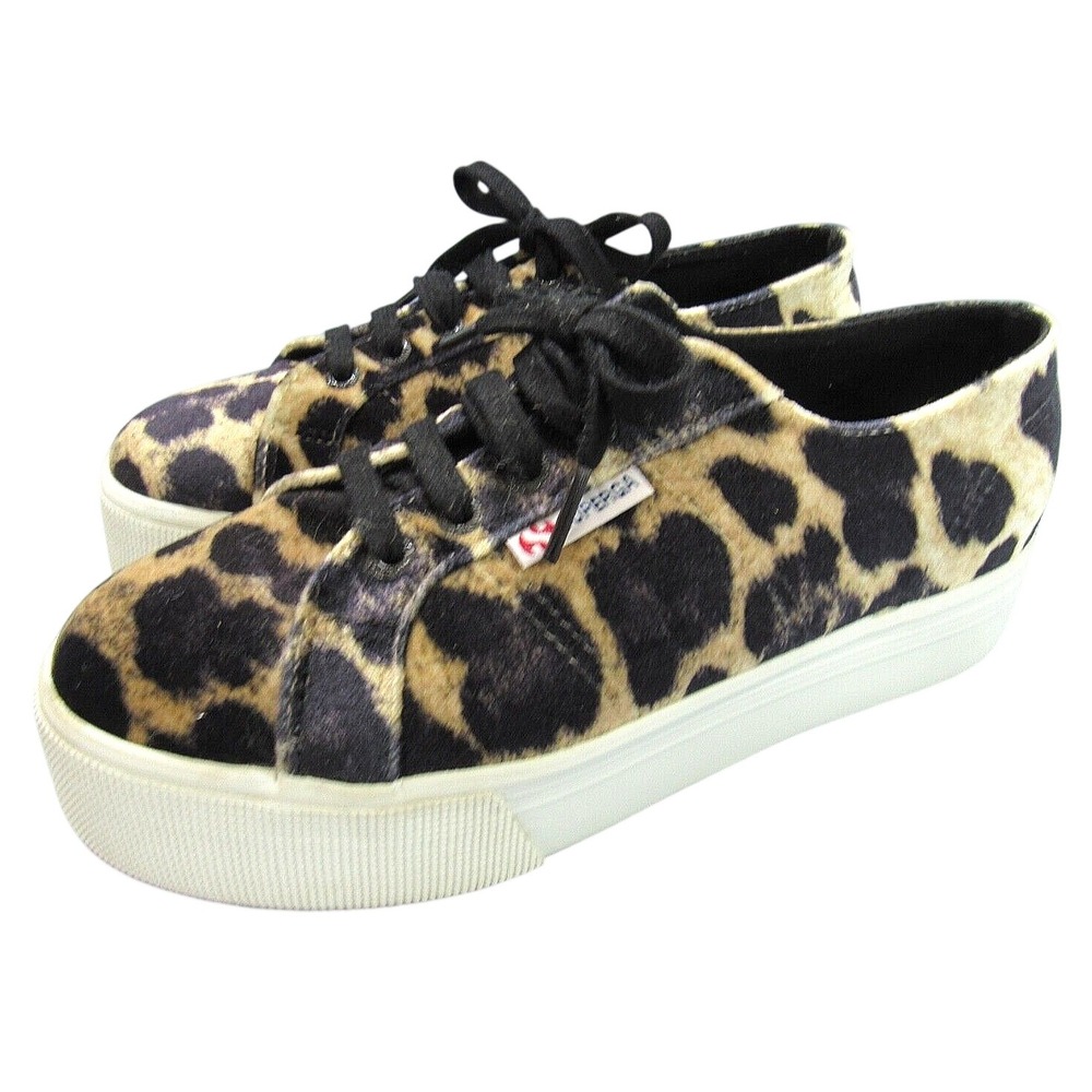 SUPERGA 2790 Platform Velvet TAN/BLACK Leopard Print LACED Fashion Sneakers 7.5